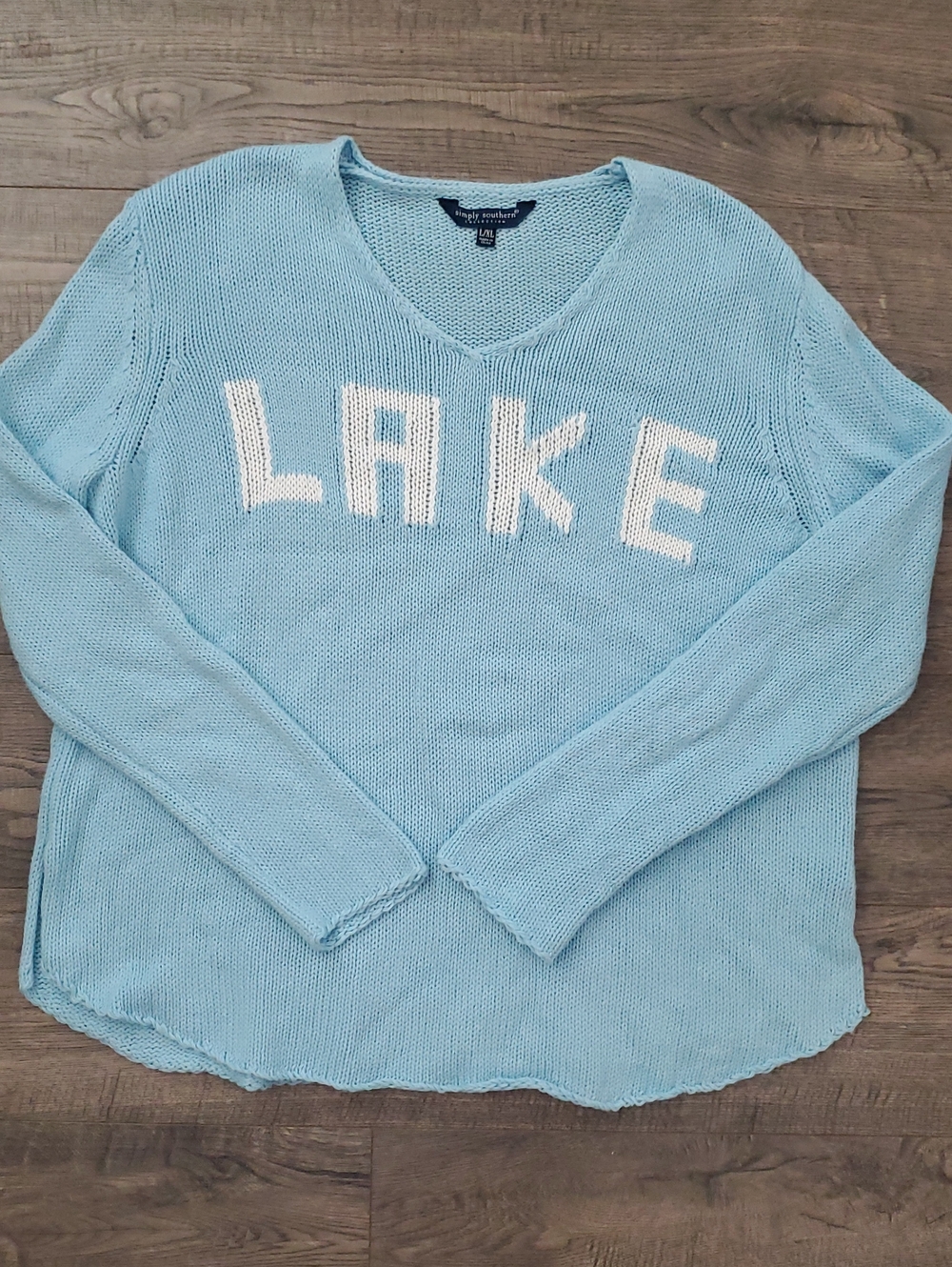 Coastal V-Neck Sweater with 'LAKE' Knit — Light Blue